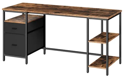 Immagine prodotto di Scrivania con 3 ripiani e 2 cassetti | Colore marrone e nero | Dimensioni: 160x60x76 cm