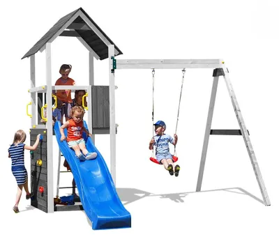 Produktbild von Fungoo Spielturm "Carol 2" grau mit Rutsche, Schaukel und Kletterwand