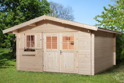 Produktbild von WEKA 111.3825.10.00 Premium Gartenhaus/Blockbohlenhaus Kempten 2 mit Vordach (60 cm)/Doppeltür/Einzelfenster ; Größe: 1 ; Farbgebung: Naturbelassen ; Wandstärke: 28 mm ; Maße (LxBxH): 380 cm x 310 cm x 262 cm ; Seitenwandhöhe: 210 cm