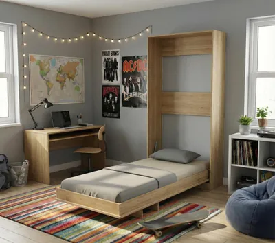 Produktbild von Schrankbett 90x200 cm Vertikal | Klappbett Wandbett Einzelbett platzsparend | Eiche