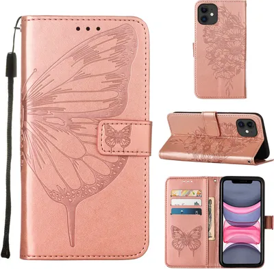 Produktbild von iPhone 11 Hülle, Schmetterling Prägung Flip Leder Kartenfächer Schutzhülle Ledertasche mit Ständer für iPhone 11 Roségold