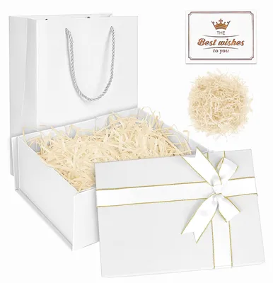 Produktbild von Geschenkbox Geschenkverpackung Geschenkkarton - 22 x 16 x 9 cm - Weiß - Mit Schleife, Papierschnipsel und Grußkarte