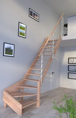 Produktbild von Holztreppe Rhodos in 1/4 gewendelter Ausführung rechts-Buche-Design Geländer Edelstahl-ohne Setzstufen