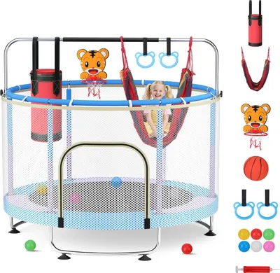 Produktbild von Kindertrampolin 150 cm - Balance-Training - Verstellbar, Basketballkorb, Schaukel, Bällebad-Bälle, Max 150 kg Tragkraft, Indoor/Outdoor - Blau