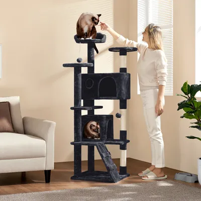 Produktbild von Yaheetech Kratzbaum Katzenbaum Stabiler Katzenkratzbaum Katzenmöbel, Kletterbaum für Katzen Höhe 158 cm, Schwarz