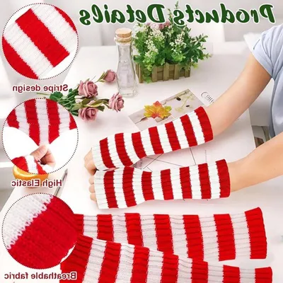 Bunte gestreifte Beinstulpen Set mit roten und weißen Socken und Handschuhen für Halloween, Weihnachten und Feste, bequemes