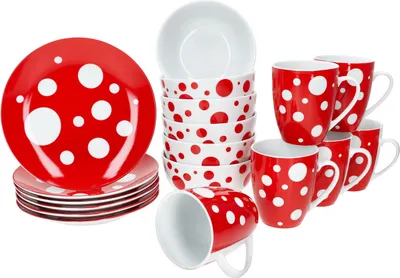 Immagine prodotto di Pula rosso Set da colazione 18 pezzi Piatto in porcellana Ciotola Tazza a pois