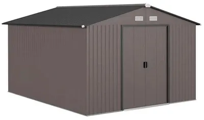 Image de Abri de jardin - Abri de rangement en métal - Dimensions : 3,22 x 2,77 x 1,92 m - 2 portes coulissantes - 4 ouvertures de ventilation - Étanche - Couleur : marron