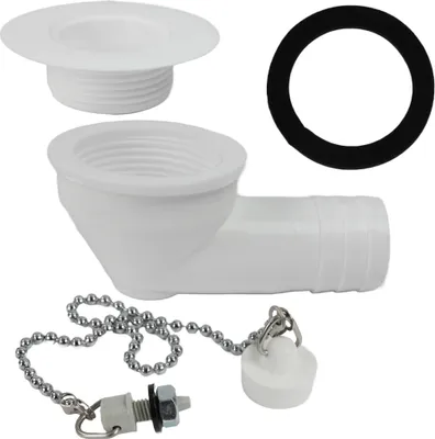 Zdjęcie produktu dla Zestaw odpływowy odpływ umywalkowy z łańcuszkiem + mocowanie + uszczelka 19 mm kąt 90° biały