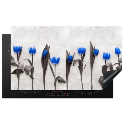 Produktbild von KitchenYeah© Herdabdeckplatte Blumen - Tulpen - Blau , 91x52cm, Küche Deko, Glaskeramikkochfeld Herdabdeckung, Abdeckplatte fùr Kochfeld