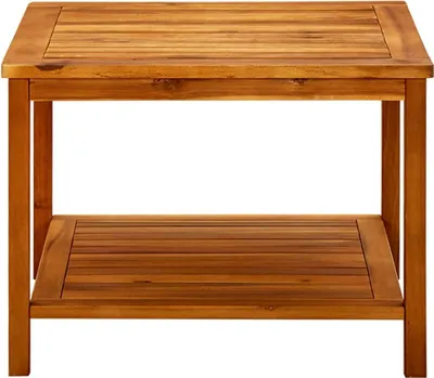 A wooden coffee table with two shelves against a white background.