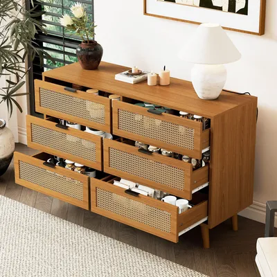 Produktbild von ODIKALO Sideboard Kommode 6 Schubladenschrank Metallgriffe Highboard Stauraum Natur