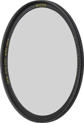 A circular camera lens filter with text printed on its frame.
