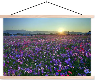 Produktbild von MuchoWow® Textilposter Blumen - Lila - Sonnenuntergang 120x80 cm mit holzfarbenen Rahmen - Aufhängeset