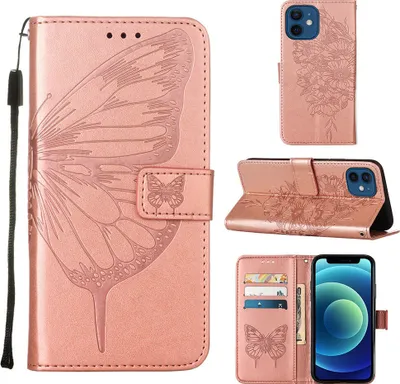 Immagine prodotto di custodia per iPhone 12, Custodia in pelle Flip Butterfly Relief con slot per schede e supporto per iPhone 12 Rose Gold