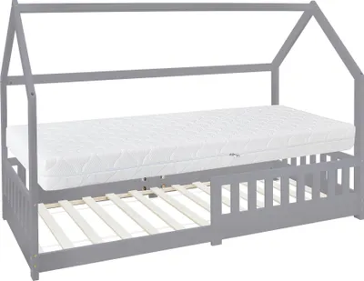 Produktbild von ML-Design dětská postel 90x200 cm s matrací, ochranou proti vypadnutí, střechou a lamelovým roštem, světle šedá, domácí postel z borovicového dřeva