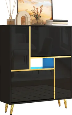 Obrázek produktu pro Moderní botník Sweiko, černý botník s lesklým čelem a 16barevným LED osvětlením (80 x 25 x 96 cm)