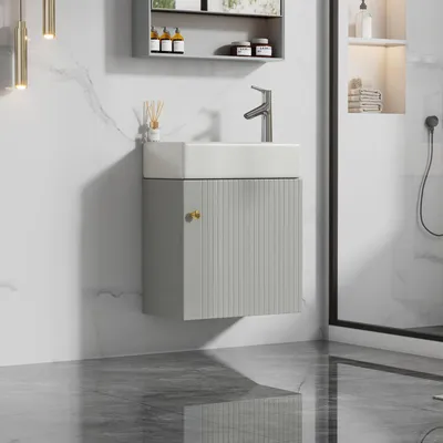 Image de MODFU Meuble Sous-Vasque Suspendu - Meuble Lavabo Pour Petite Salle De Bain Avec Vasque Intégrée - MDF - Gris Et Blanc - 46x26x56 Cm
