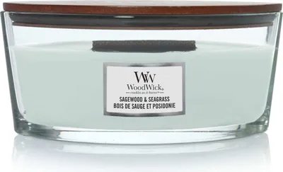 A WoodWick candle in a glass jar with a wooden lid.