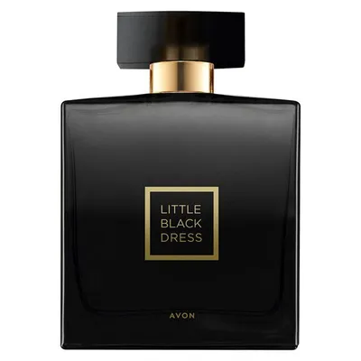 A black perfume bottle with gold accents and text.