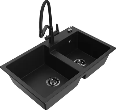 Produktbild von Mexen Tomas 2-Becken-Granitspüle mit Mischbatterie Duo, Schwarz - 6516-77-671701-70-B
