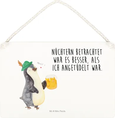 Produktbild von Mr. & Mrs. Panda Schild Pinguin Bier DIN A5 - Weiß - Geschenk, Türschild, Holzschild, hängeschild, wandhänger, Beschwippst, holzbild, , Feierabend, Angetüdelt