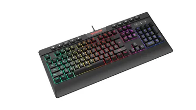 A gaming keyboard with RGB lighting is shown on a white background.