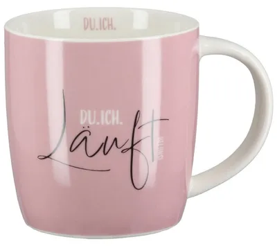 Produktbild von Henkelbecher Du & Ich mit Aufschrift 'Du. Ich. Läuft' aus glasiertem Porzellan, 380 ml