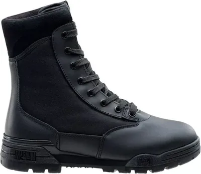 A single black boot shown from the side against a white background.