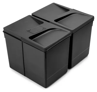Zdjęcie produktu dla Emuca Pojemniki Recycle do szuflady kuchennej z pokrywą zapobiegającą wydostawaniu się zapachów, wysokość 266, 2x15 litrów, Plastik, Szary antracytowy