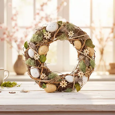 Produktbild von Deko Kranz Ostern 30cm Natur Frühling Türkranz Gesteck Eier Blumen Osterdeko