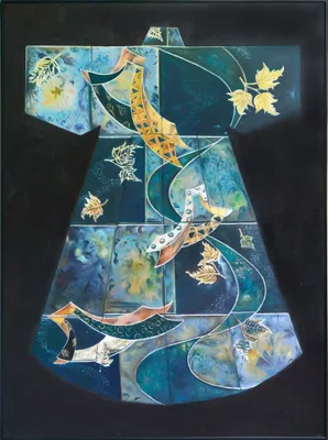 Produktbild von Fine Asianliving Ölgemälde 100% Handgemalt Rahmen Schwarz 90x120cm Chinesischer Kimono Blau