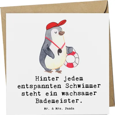 Produktbild von Mr. & Mrs. Panda Grußkarte Bademeister schützend - Weiß - Geschenk, Glückwunschkarte, Schwimmunterricht, Fürsorge, Beruf, Dankbarkeit, Berufsprodukte, anlasskarte