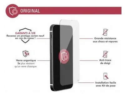 A screen protector is shown next to a smartphone, with various feature callouts.