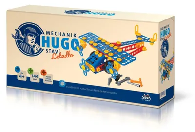 Produktbild von Bausatz HUGO Flugzeug mit Werkzeug, 144 Teile, Kunststoff, in einer Schachtel mit den Maßen 31x16x7 cm