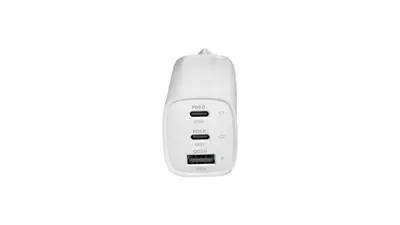 A white USB charger with multiple ports.