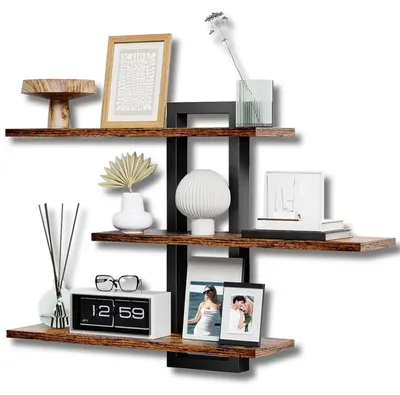 Produktbild von Wandregal Holz 3er Set Rustikal Braun mit Metallhalterungen