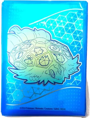 A close-up of a blue Pokémon card sleeve with artwork of Terapagos.