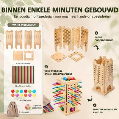 Produktbild von Stokjestrekspel – Geschicklichkeitsspiel aus Holz – Reisespiel für Kinder und Erwachsene – Familien-Spiel – Strategisches Brettspiel – 12 farbige Bälle – Benötigt keine Batterien – Für 2 oder mehr Spieler