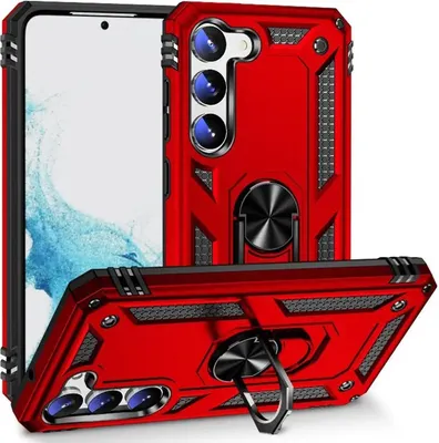 A red phone case with a ring holder is displayed from two angles.