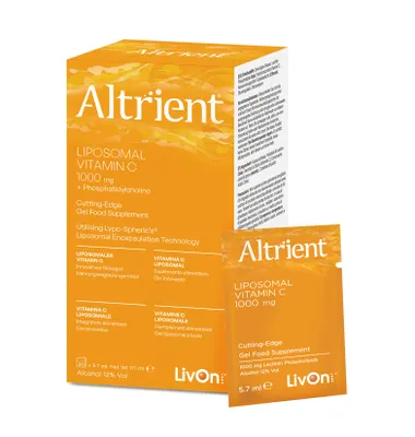 A box and a sachet of Altrient Liposomal Vitamin C.