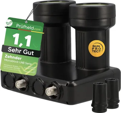 Produktbild von Zehnder Monoblock Twin LNB Astra Hotbird für 2 Teilnehmer & 2 Satelliten, 2Fach HD 4K LNC für Direktanschluss (Fernseher, Sat Receiver) LMB für Satellitenschüssel