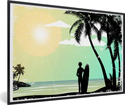 Produktbild von MuchoWow® MuchoWow® Gerahmtes Poster Strand - Palme - Sonne - Surfbrett 30x20 cm - Poster mit zchwarzem Bilderrahmen - Kunstdruck - Bild-Poster