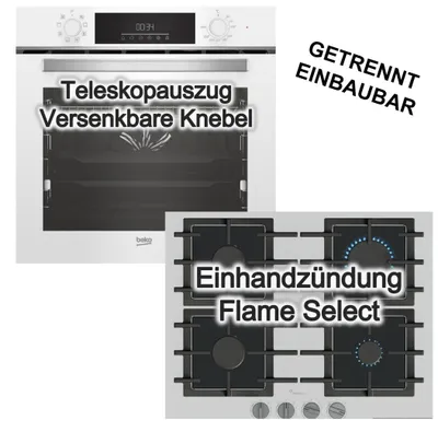 Produktbild von Herdset weiß Beko Backofen Teleskopauszug SteamShine® + Bosch Gaskochfeld FlameSelect 4 Brenner Einhandzündung