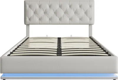 Image de Fortuna Lai Lit rembourré 160x200cm Lit double avec espace de rangement, relevable hydrauliquement, lit fonctionnel, avec éclairage LED et sommier à lattes, couleur crème