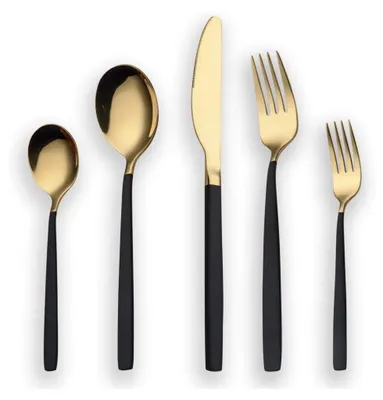 Produktbild von Berglander 30 Stück Titan schwarz Besteck Set, schwarzer Griff mit goldenen Mund und golden Service für 6 (schwarz, Golden) Universal Hoch