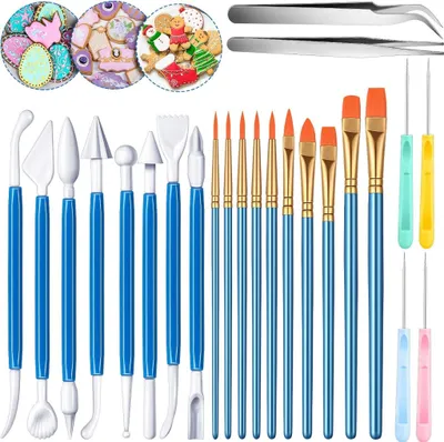 Produktbild von 24-teiliges Plätzchen- & Fondant-Deko-Set - Modellierwerkzeuge, Pinsel, Nadeln & Pinzetten für professionelle Kuchendekoration (blau)
