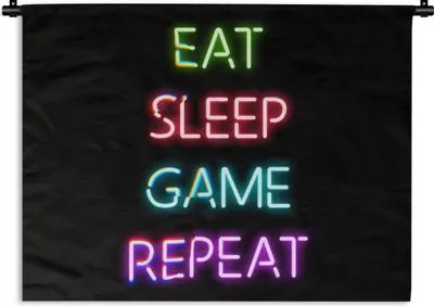 Produktbild von MuchoWow® Wandteppich Wandbehang Gaming - Led - Zitat - Eat sleep game repeat - Gaming 60x45 cm Tapisserie Dekoration Wandtuch - Das Schlafzimmer