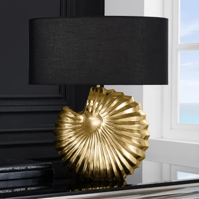 Produktbild von riess-ambiente Design Tischlampe SHELL 60cm gold schwarz Metall Stoffschirm maritim Tischleuchte Lampe Leuchte