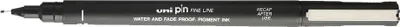 A black fineliner pen with white text on it, lying on a white background.